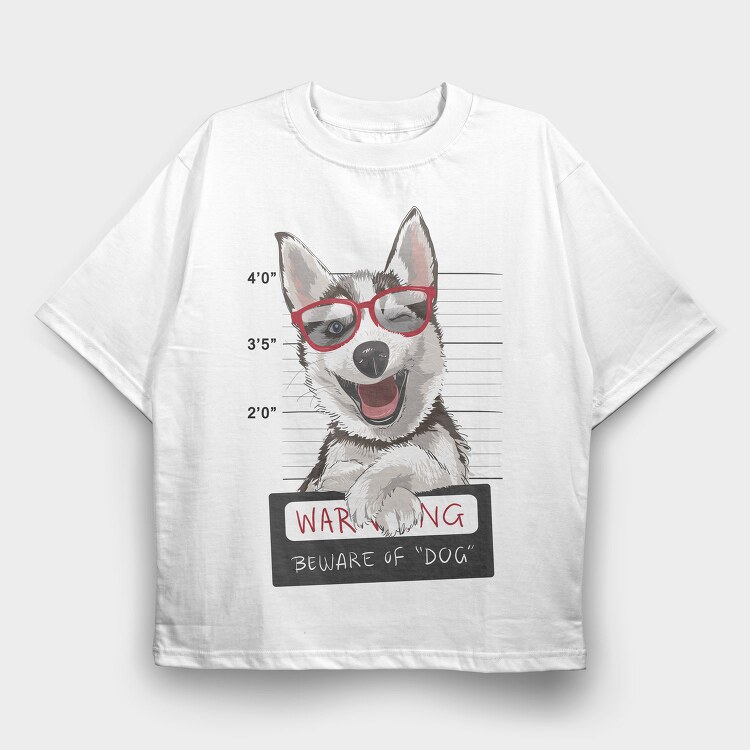 Dog Mugshot Warning, Tricou Oversize Barbati (Unisex)