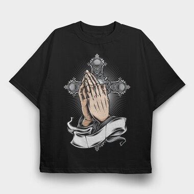 Praying Hands Cross, Tricou Oversize Barbati (Unisex)