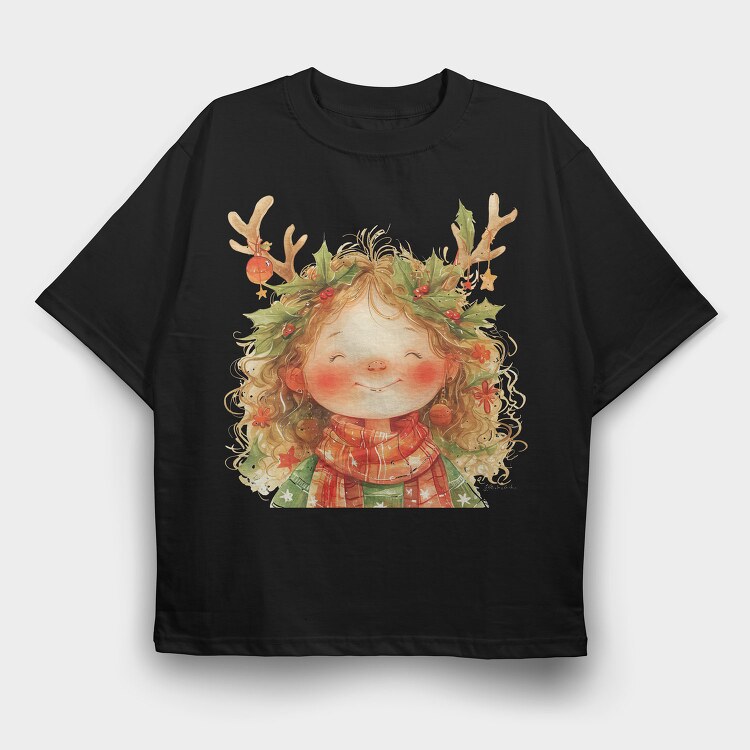Christmas Holly Reindeer Girl, Tricou Oversize Barbati (Unisex)