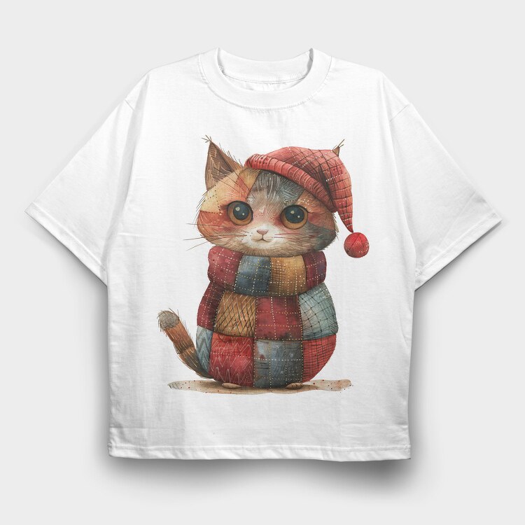 Christmas Kitten Patchwork, Tricou Oversize Barbati (Unisex)