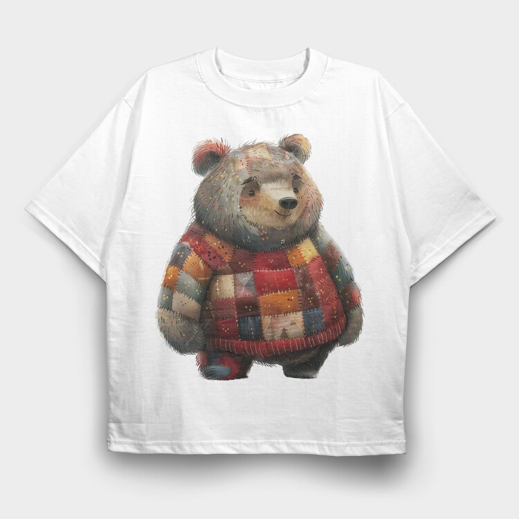 Christmas Patchwork Bear, Tricou Oversize Barbati (Unisex)