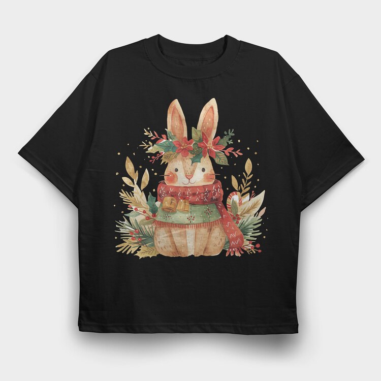 Christmas Rabbit Wreath, Tricou Oversize Barbati (Unisex)