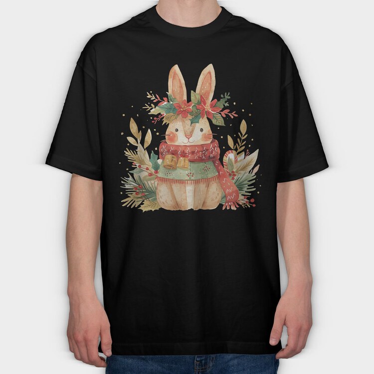 Christmas Rabbit Wreath, Tricou Oversize Barbati (Unisex)
