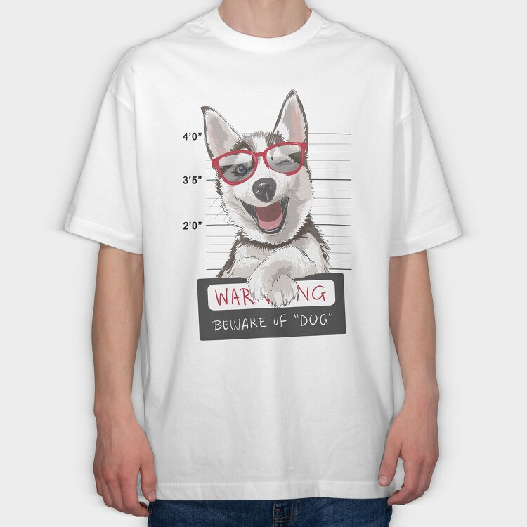 Dog Mugshot Warning, Tricou Oversize Barbati (Unisex)