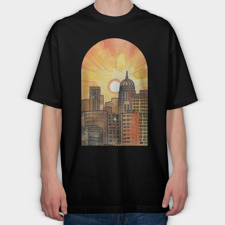 City Skyline Sunset, Tricou Oversize Barbati (Unisex)