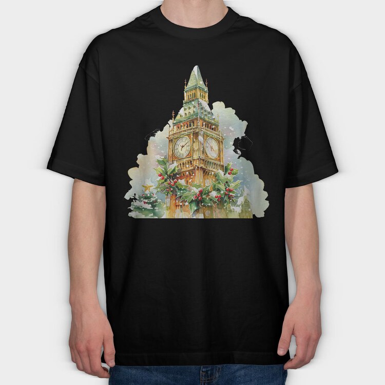Christmas Watercolor Clock, Tricou Oversize Barbati (Unisex)